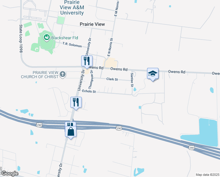 map of restaurants, bars, coffee shops, grocery stores, and more near 702 Hargest Street in Prairie View