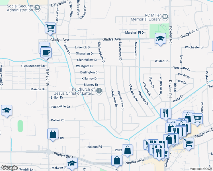 map of restaurants, bars, coffee shops, grocery stores, and more near 1080 Shakespeare Drive in Beaumont