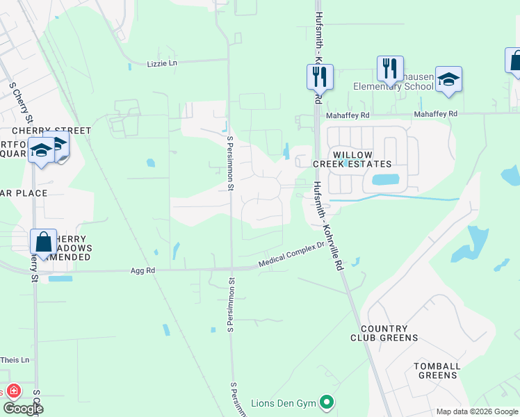 map of restaurants, bars, coffee shops, grocery stores, and more near 1201-1399 South Persimmon Street in Tomball