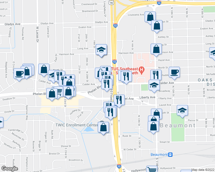map of restaurants, bars, coffee shops, grocery stores, and more near 3325 Calder Avenue in Beaumont