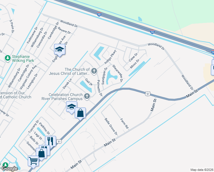 map of restaurants, bars, coffee shops, grocery stores, and more near 76 Shearwater Drive in LaPlace