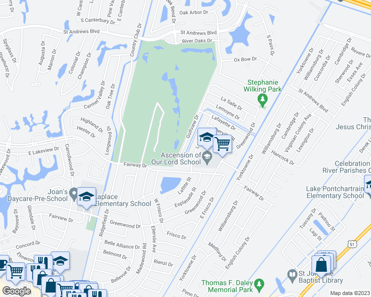 map of restaurants, bars, coffee shops, grocery stores, and more near 2028 Golfview Drive in LaPlace