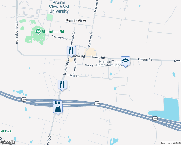 map of restaurants, bars, coffee shops, grocery stores, and more near 702 Hargest Street in Prairie View