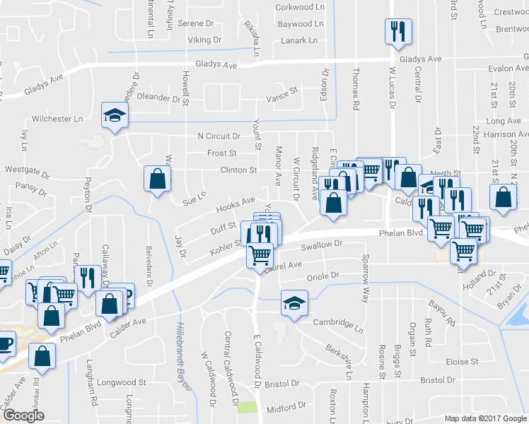 map of restaurants, bars, coffee shops, grocery stores, and more near 525 Yount St in Beaumont