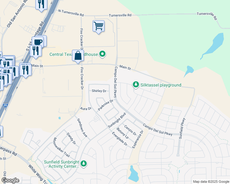 map of restaurants, bars, coffee shops, grocery stores, and more near Campo Del Sol Parkway in Hays County