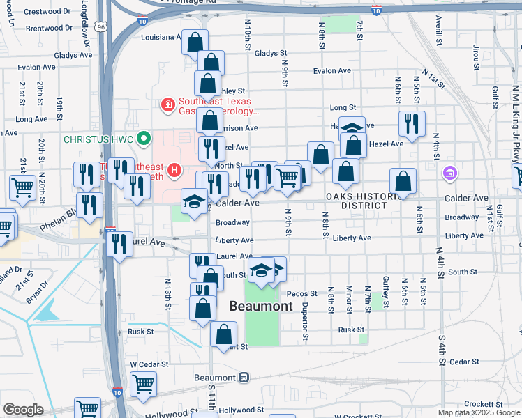 map of restaurants, bars, coffee shops, grocery stores, and more near 2579 Calder Avenue in Beaumont