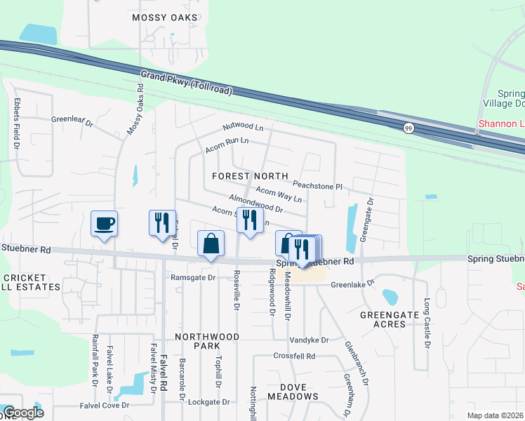 map of restaurants, bars, coffee shops, grocery stores, and more near 3523 Almondwood Dr in Spring