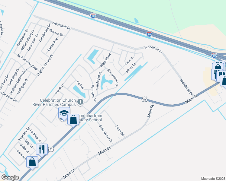 map of restaurants, bars, coffee shops, grocery stores, and more near 61 Shearwater Drive in LaPlace