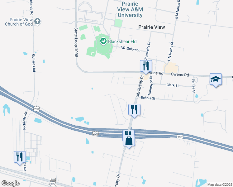 map of restaurants, bars, coffee shops, grocery stores, and more near 318 Elm Street in Prairie View