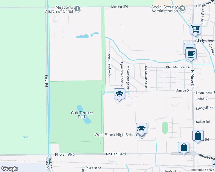 map of restaurants, bars, coffee shops, grocery stores, and more near 1001 Westmeadow Drive in Beaumont