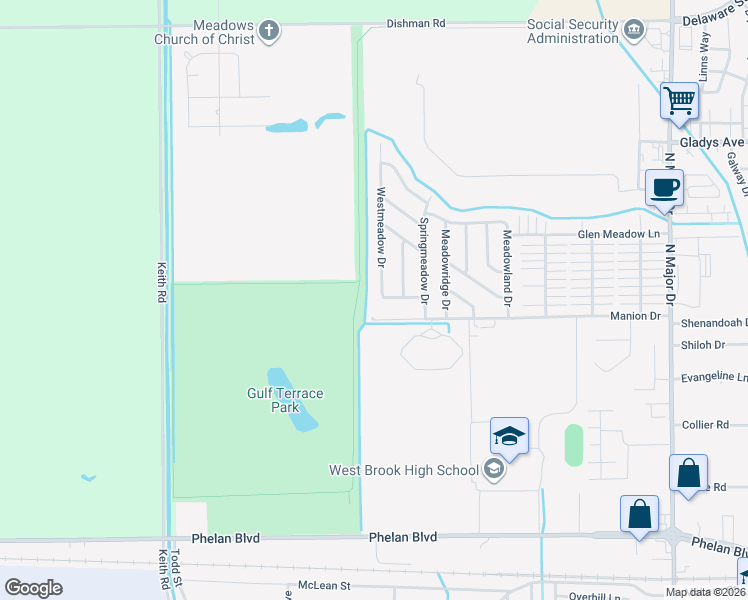 map of restaurants, bars, coffee shops, grocery stores, and more near 1001 Westmeadow Dr in Beaumont