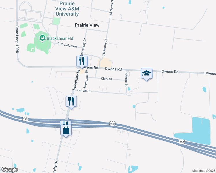 map of restaurants, bars, coffee shops, grocery stores, and more near 140 Henderson Street in Prairie View