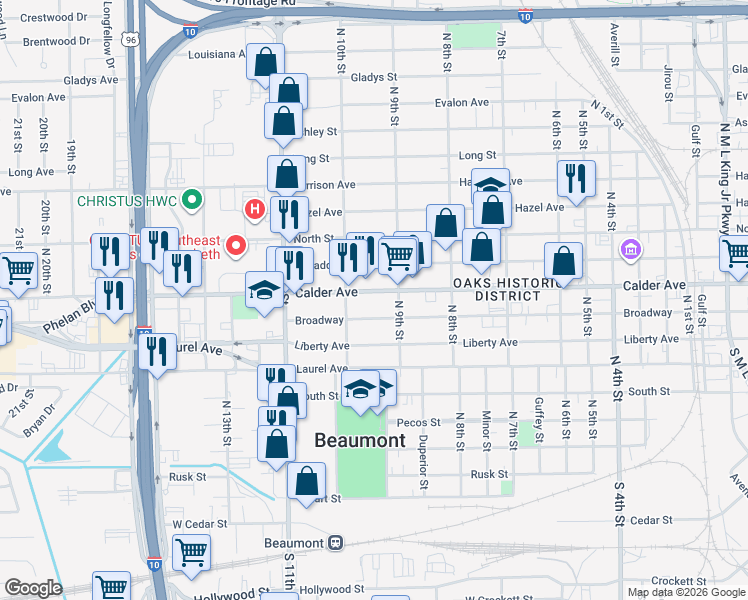 map of restaurants, bars, coffee shops, grocery stores, and more near 2579 Calder Avenue in Beaumont