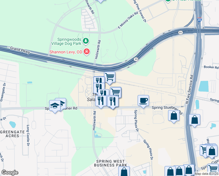 map of restaurants, bars, coffee shops, grocery stores, and more near 2162 Spring Stuebner Road in Spring