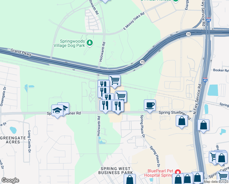 map of restaurants, bars, coffee shops, grocery stores, and more near 2162 Spring Stuebner Road in Spring