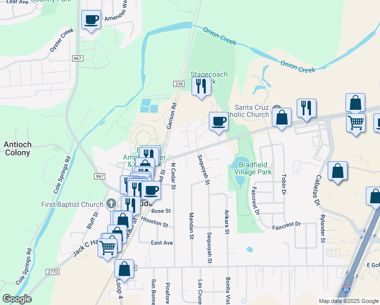 map of restaurants, bars, coffee shops, grocery stores, and more near 208 Loop Street in Buda
