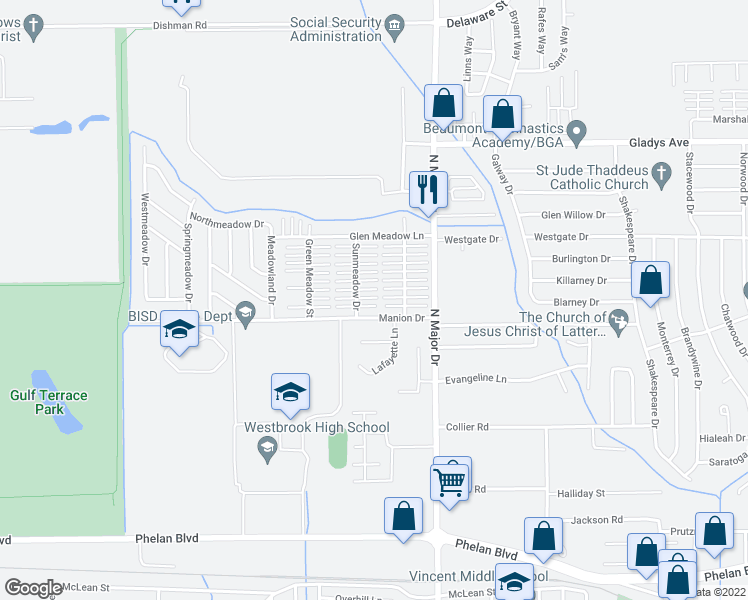 map of restaurants, bars, coffee shops, grocery stores, and more near 942 First Street in Beaumont