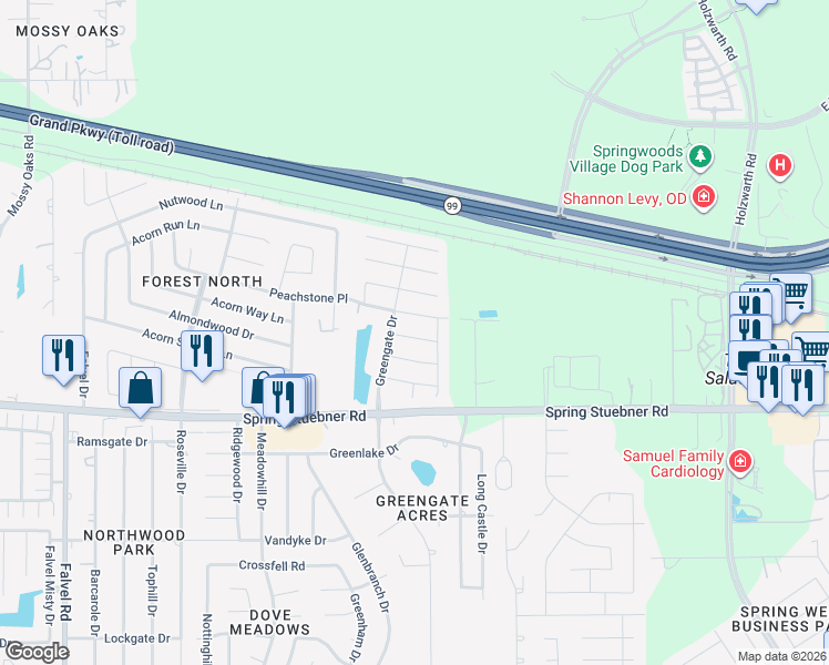 map of restaurants, bars, coffee shops, grocery stores, and more near 2922 Rustling Chestnut Street in Spring