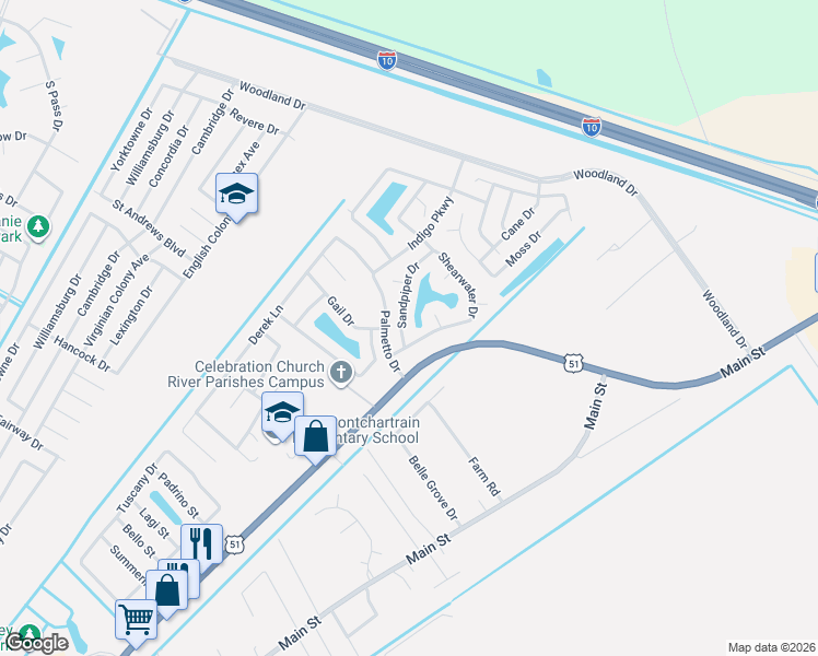 map of restaurants, bars, coffee shops, grocery stores, and more near 76 Shearwater Drive in LaPlace