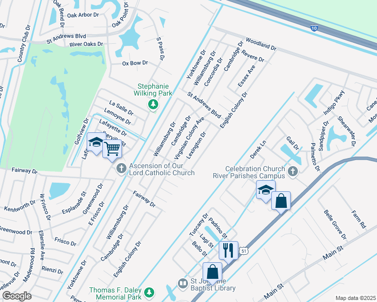 map of restaurants, bars, coffee shops, grocery stores, and more near 2529 Lexington Drive in LaPlace