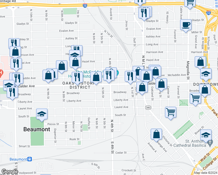 map of restaurants, bars, coffee shops, grocery stores, and more near 465 North 4th Street in Beaumont