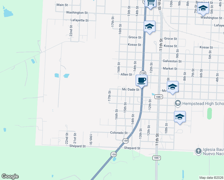 map of restaurants, bars, coffee shops, grocery stores, and more near 1645 Mc Dade Street in Hempstead