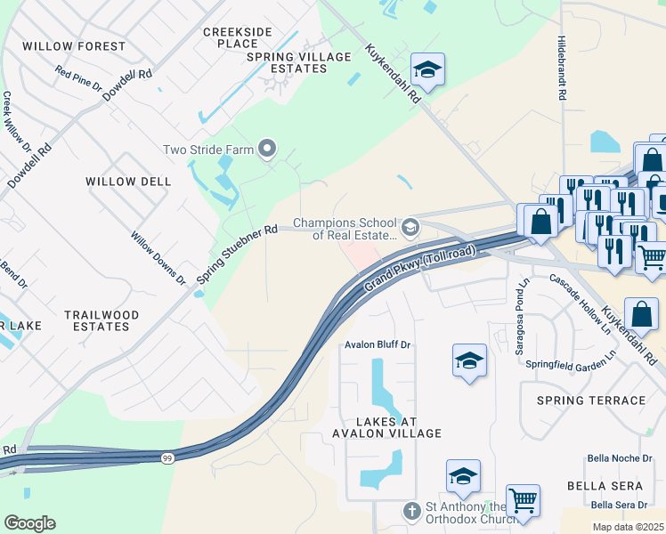 map of restaurants, bars, coffee shops, grocery stores, and more near 22019 Lozar Drive in Spring