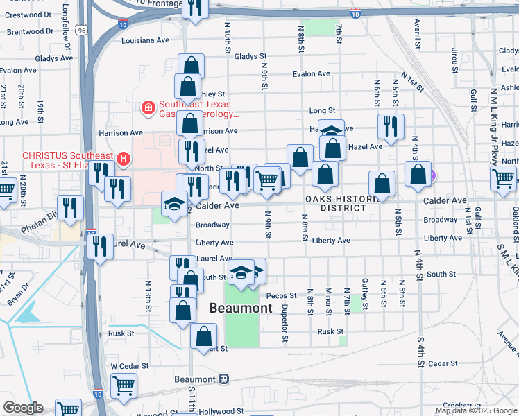 map of restaurants, bars, coffee shops, grocery stores, and more near 2515 Calder Avenue in Beaumont