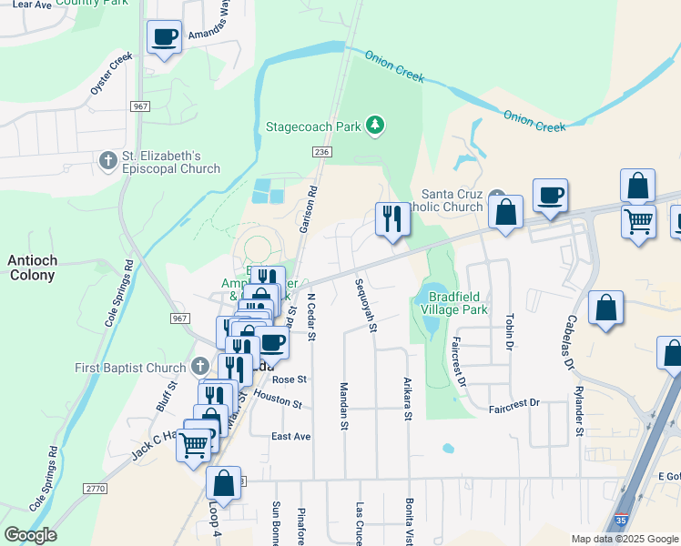 map of restaurants, bars, coffee shops, grocery stores, and more near 204 Loop Street in Buda