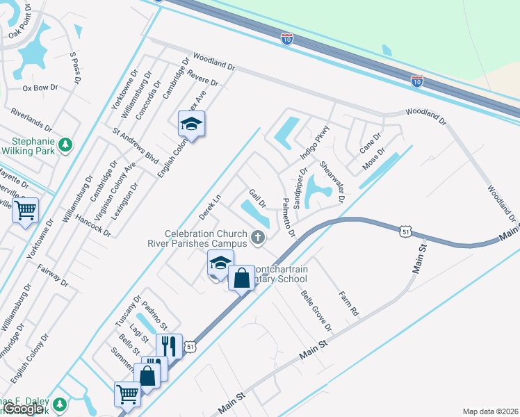 map of restaurants, bars, coffee shops, grocery stores, and more near 110 Gail Drive in LaPlace