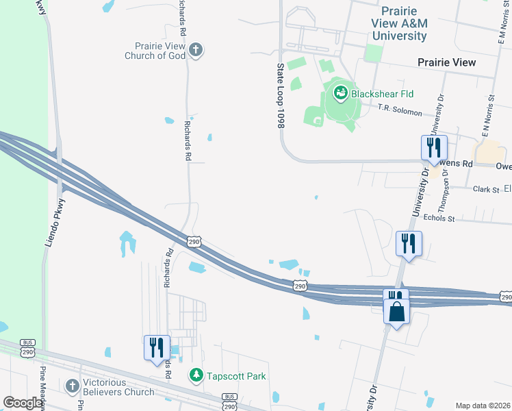 map of restaurants, bars, coffee shops, grocery stores, and more near 45110 Frontage Road in Prairie View