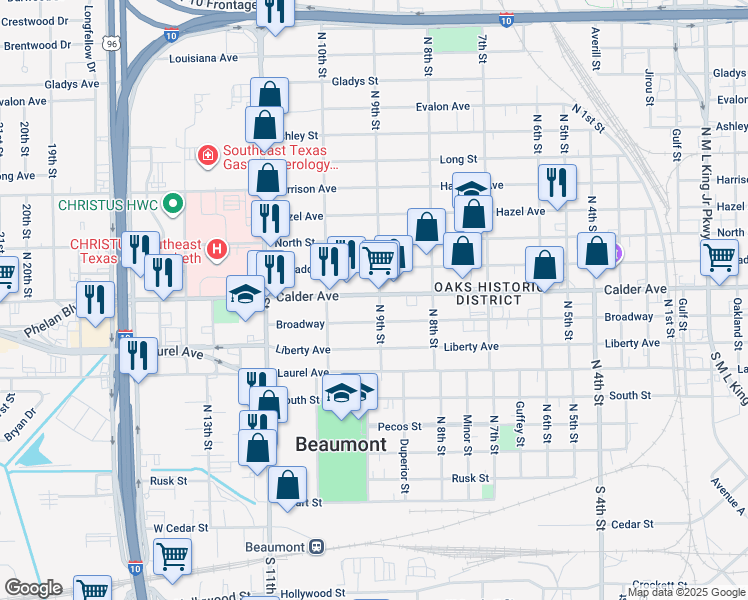 map of restaurants, bars, coffee shops, grocery stores, and more near 2515 Calder Avenue in Beaumont