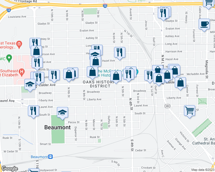 map of restaurants, bars, coffee shops, grocery stores, and more near 2235 Calder Avenue in Beaumont