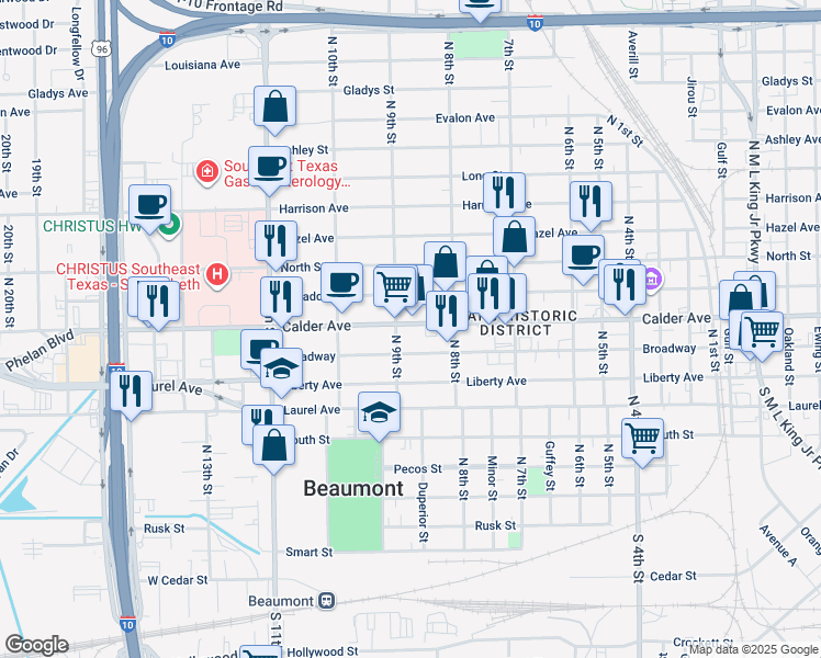 map of restaurants, bars, coffee shops, grocery stores, and more near 2515 Calder Avenue in Beaumont