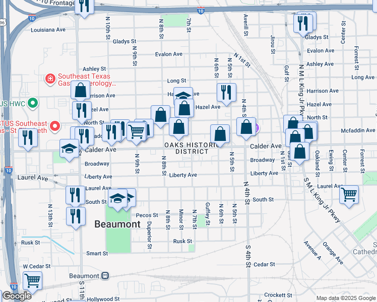 map of restaurants, bars, coffee shops, grocery stores, and more near 2305 Calder Street in Beaumont