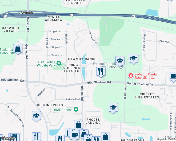 map of restaurants, bars, coffee shops, grocery stores, and more near 22106 Meandering Springs Drive in Spring