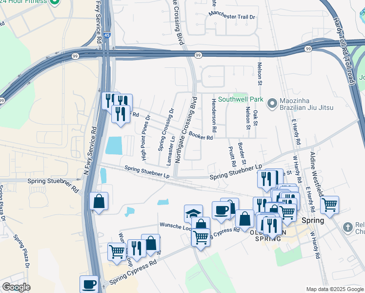 map of restaurants, bars, coffee shops, grocery stores, and more near 27131 Sunset Pines Drive in Spring