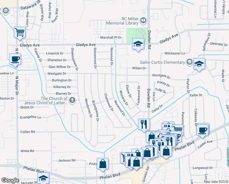 map of restaurants, bars, coffee shops, grocery stores, and more near 1070 Norwood Drive in Beaumont