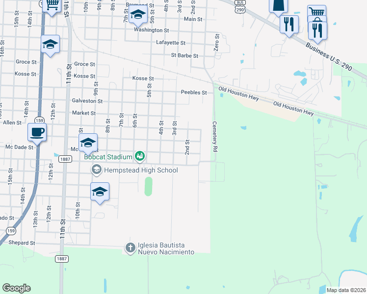 map of restaurants, bars, coffee shops, grocery stores, and more near 2025 2nd Street in Hempstead