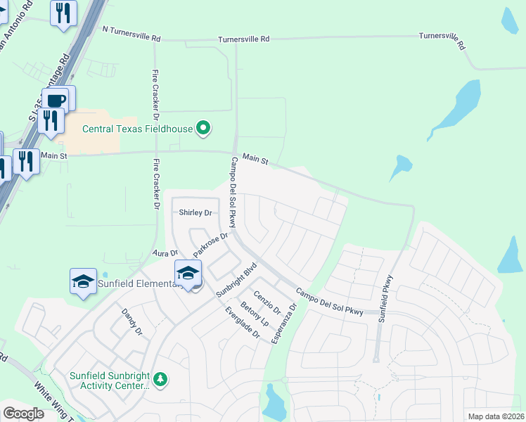 map of restaurants, bars, coffee shops, grocery stores, and more near 442 Thornless Circle in Buda