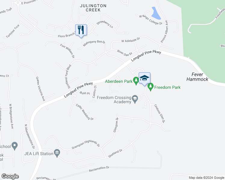 map of restaurants, bars, coffee shops, grocery stores, and more near 100 Brannan Place in Saint Johns