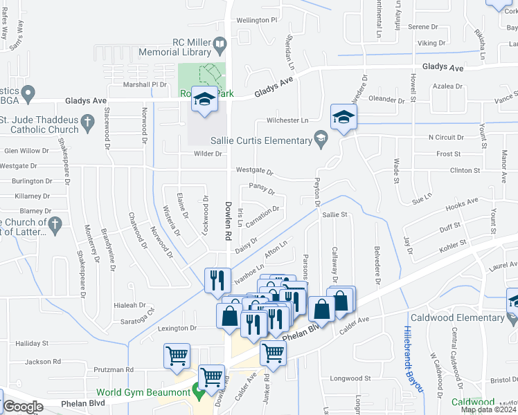map of restaurants, bars, coffee shops, grocery stores, and more near 6255 Tulip Drive in Beaumont