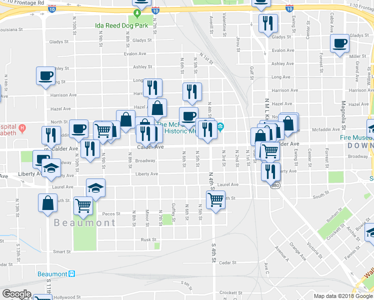 map of restaurants, bars, coffee shops, grocery stores, and more near 2193 Calder Avenue in Beaumont