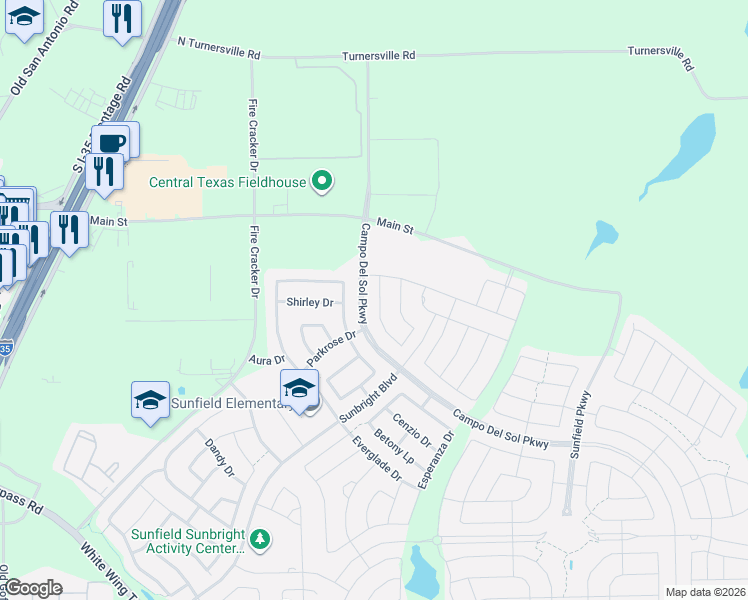 map of restaurants, bars, coffee shops, grocery stores, and more near 160 Thornless Circle in Buda