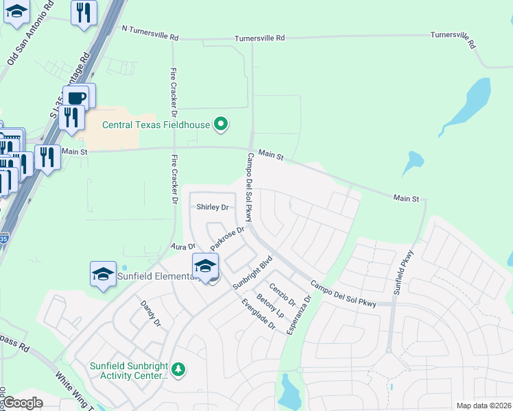 map of restaurants, bars, coffee shops, grocery stores, and more near 160 Thornless Circle in Buda