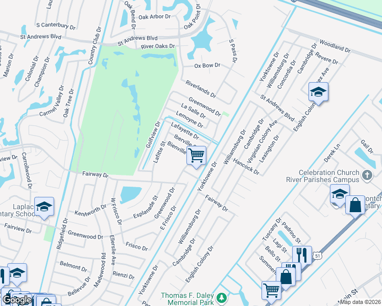 map of restaurants, bars, coffee shops, grocery stores, and more near 745 Bienville Street in LaPlace