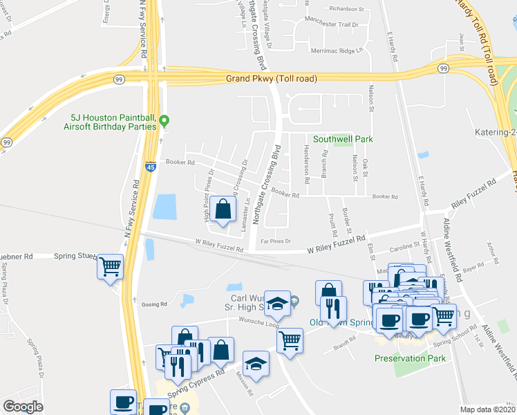map of restaurants, bars, coffee shops, grocery stores, and more near 26402 Northgate Crossing Boulevard in Spring