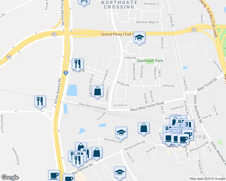 map of restaurants, bars, coffee shops, grocery stores, and more near 26412 Northgate Crossing Boulevard in Spring