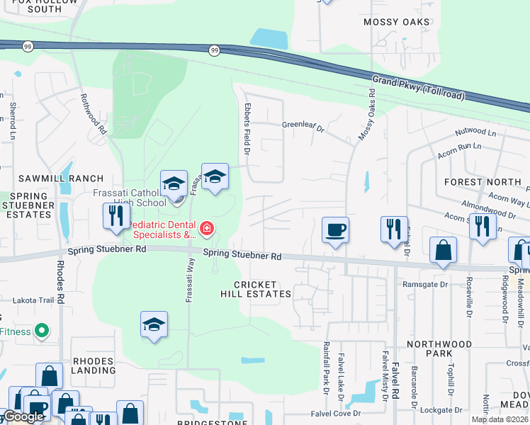 map of restaurants, bars, coffee shops, grocery stores, and more near 4320 Spring Stuebner Road in Spring