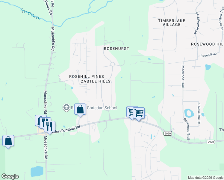 map of restaurants, bars, coffee shops, grocery stores, and more near 22203 East Meadowhurst Circle in Tomball
